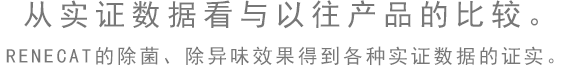 从实证数据看与以往产品的比较。RENECAT的除菌、除异味效果得到各种实证数据的证实。