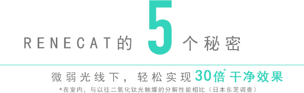 RENECAT的5个秘密 微弱光线下，轻松实现30倍*干净效果 *在室内，与以往二氧化钛光触媒的分解性能相比（日本东芝调查）